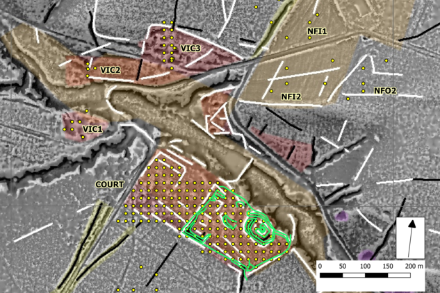 Dvůr a zaniklá ves Třebokov na digitálním modelu reliéfu z dat leteckého laserového skenování (s místy odběru geochemických vzorků). Horák et al., 2023 podle O. Malina.